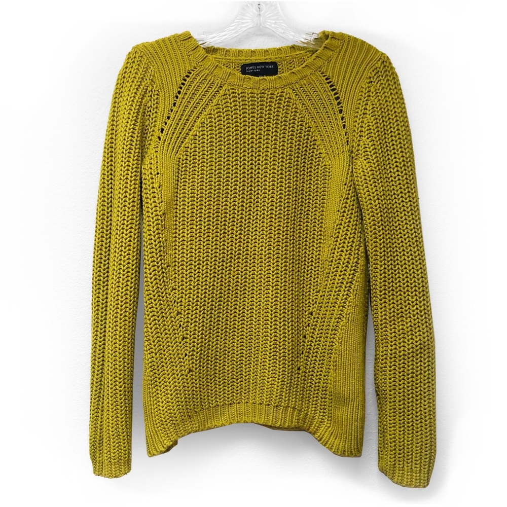 Jones New York mustard yellow crewneck open knit sweater